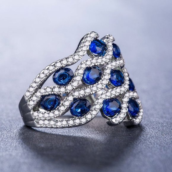 New Gorgeous 925 Silver Blue Sapphire Diamond Ring - Picture 4 of 4